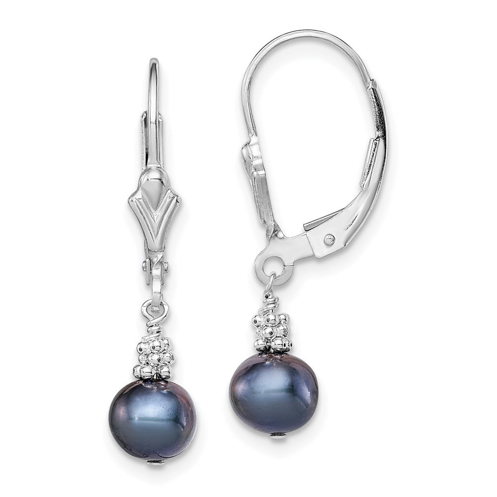 Sterling Silver RH-plated Black FW Cultured Pearl Leverback Earrings