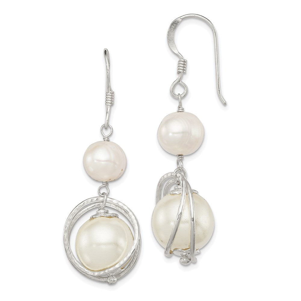 Sterling Silver Polished & Textured FWC Pearl /Shell Pearl Dangle Earrings