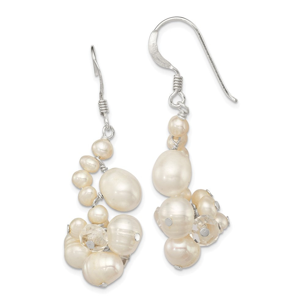 Sterling Silver Polished Crystal & FWC Pearl Cluster Dangle Earrings