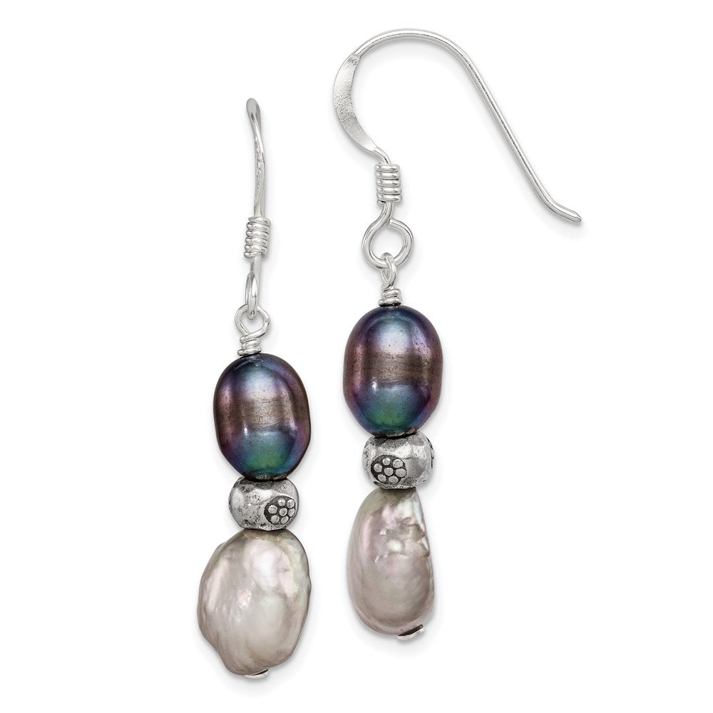 Sterling Silver Antiqued Black & Grey FW Cultured Pearl Dangle Earrings