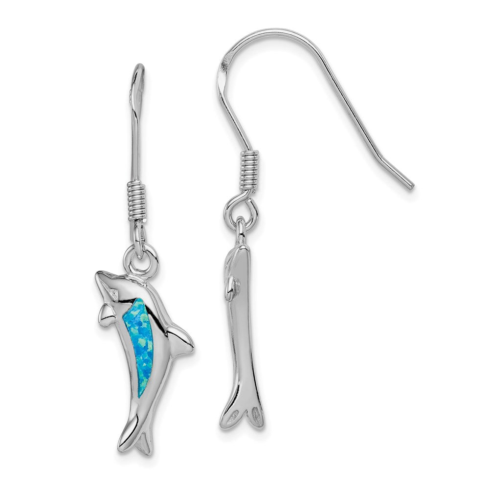 Sterling Silver Rhod-pltd Created Blue Opal Inlay Dolphin Dangle Earrings