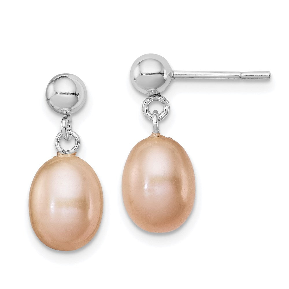 Sterling Silver RH-plated 7-8mm Pink FWC Pearl Post Dangle Earrings