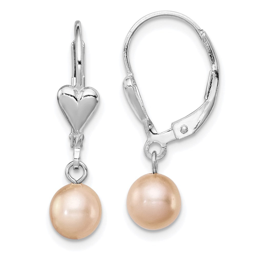 Sterling Silver RH-plated 6-7mm Pink FWC Pearl Heart Leverback Earrings