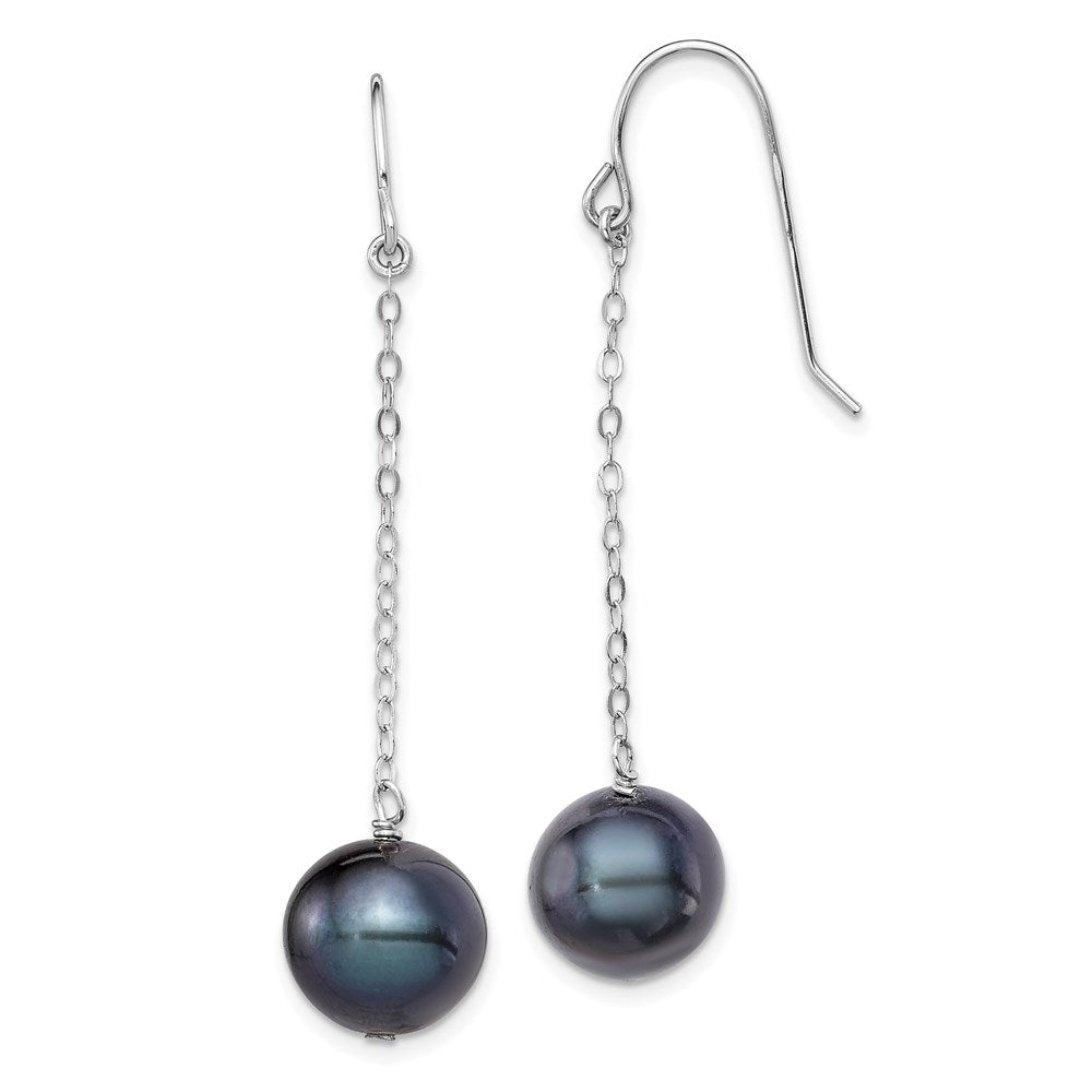 Sterling Silver Rhodium-plated 9-10mm FWC Black Pearl Dangle Earrings