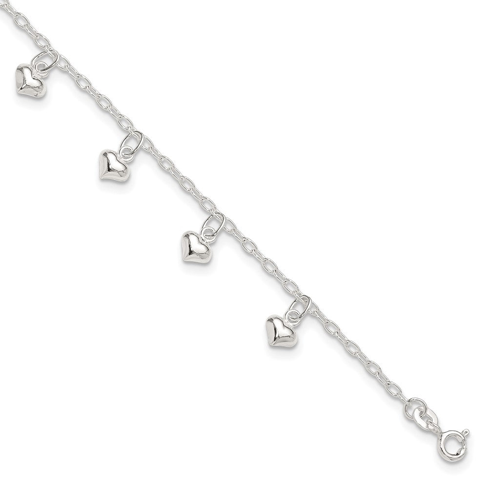 Sterling Silver 9inch Plus 1in Ext Polished Puffed Heart Anklet