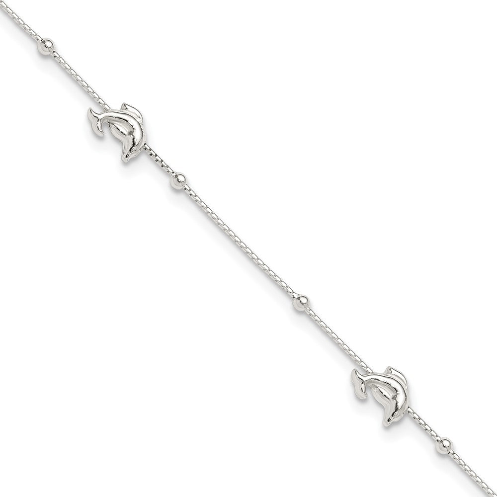 Sterling Silver Polished Dolphin 10in Plus 1in ext. Anklet