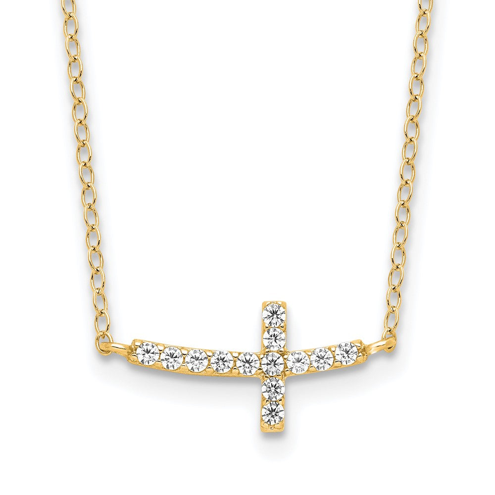 Sterling Silver Yellow Gold-plated CZ Sideways Cross w/2in Ext Necklace