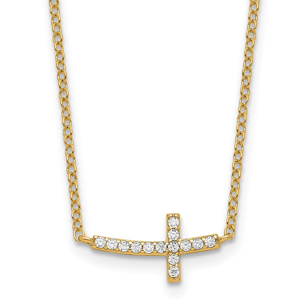 Sterling Silver Gold-tone CZ Sideways Cross w/2 inch ext Necklace
