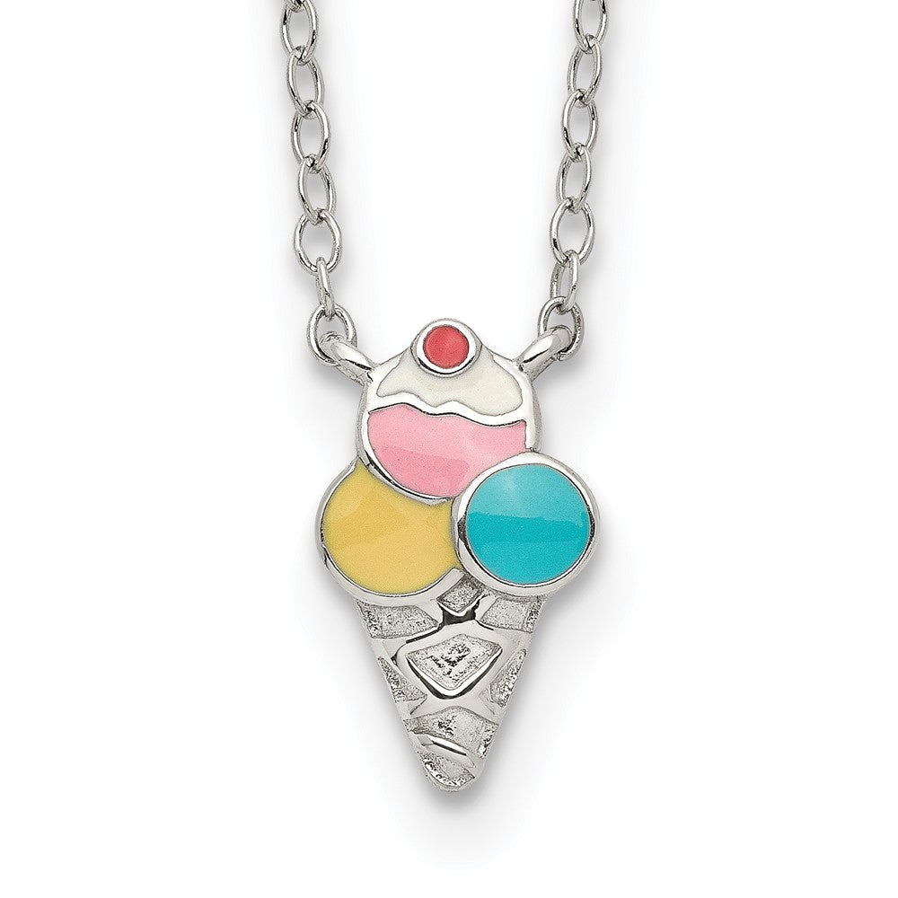 Sterling Silver RH-pltd Enamel Ice Cream Cone w/2in ext Childs Necklace
