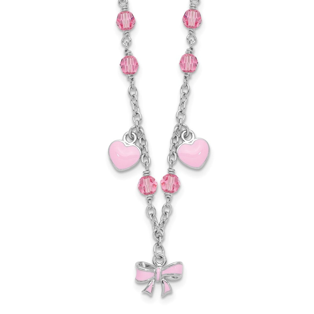 SS Rh-plated Crystal & Pink Enamel Heart w/ 1in ext Children's Necklace