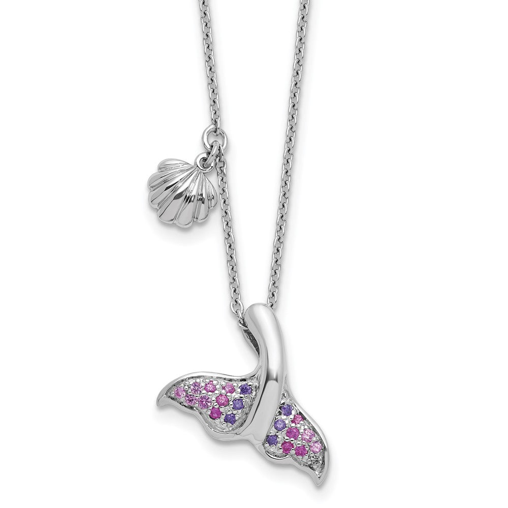 Sterling Silver Rh-plated Polished CZ Whale Tail 17.75in Necklace