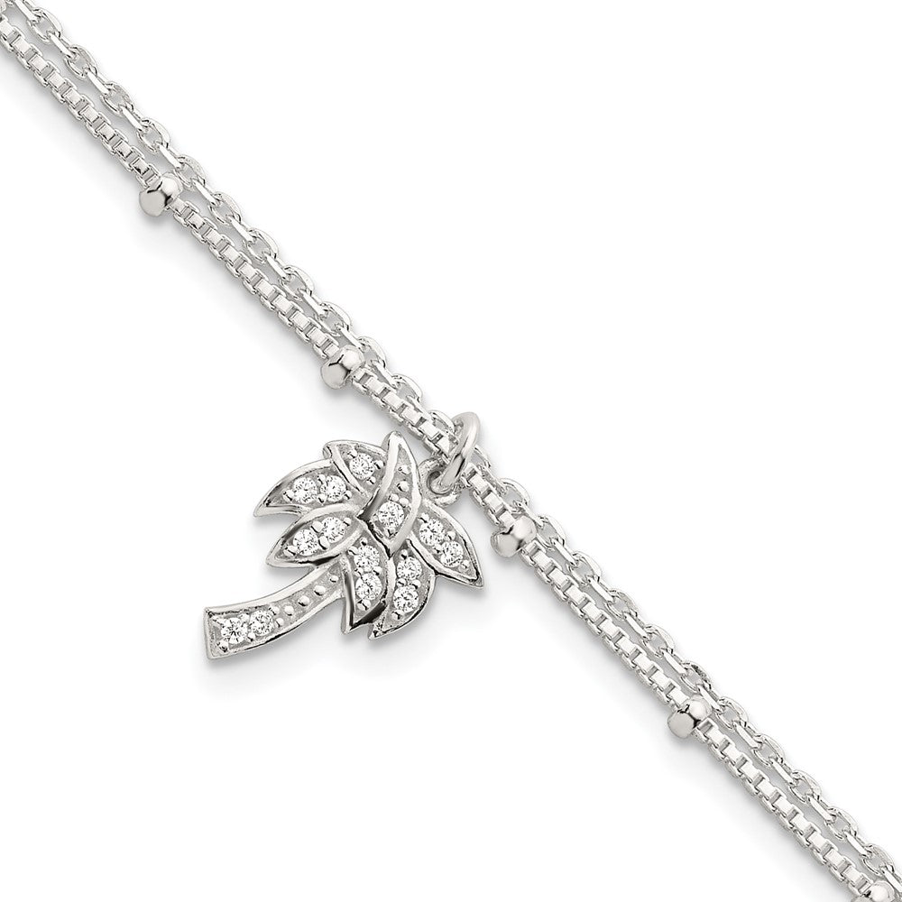 Sterling Silver Polished and Beaded CZ Palm Tree 2-Strand Bracelet