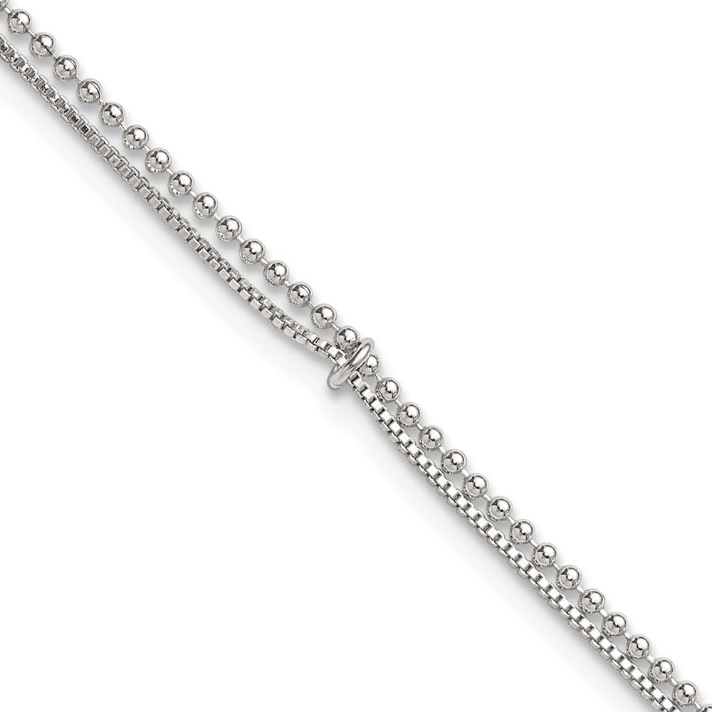 Sterling Silver Polished Beaded 2 Strand 9in Plus 1in Ext Anklet