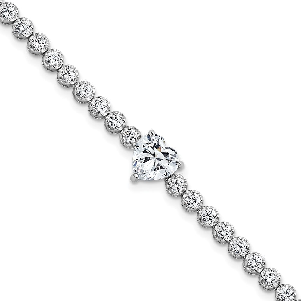 Sterling Silver RH-plated Polished Round and Heart CZ 7.25in Bracelet