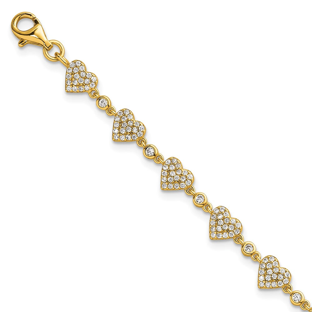 Sterling Silver Gold-tone Polished Pave CZ Hearts 7in w/ 1in Ext Bracelet