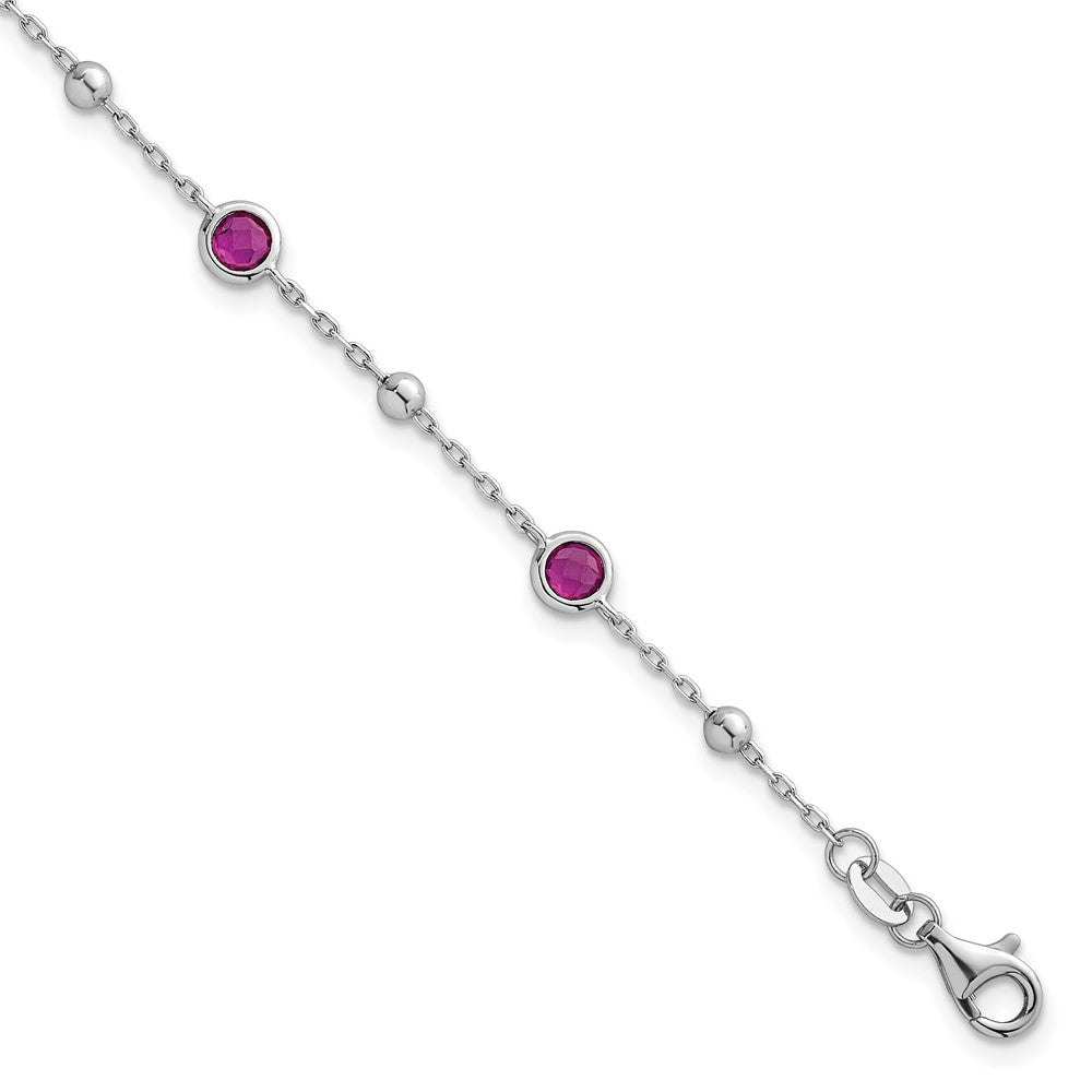 Sterling Silver RH-plated Beaded Red CZ 7in w/1in Ext Bracelet