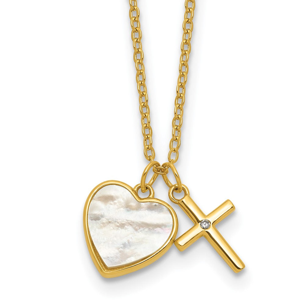 SS Gold-tone MOP CZ Heart and Cross 14in w/3in Ext Children's Necklace
