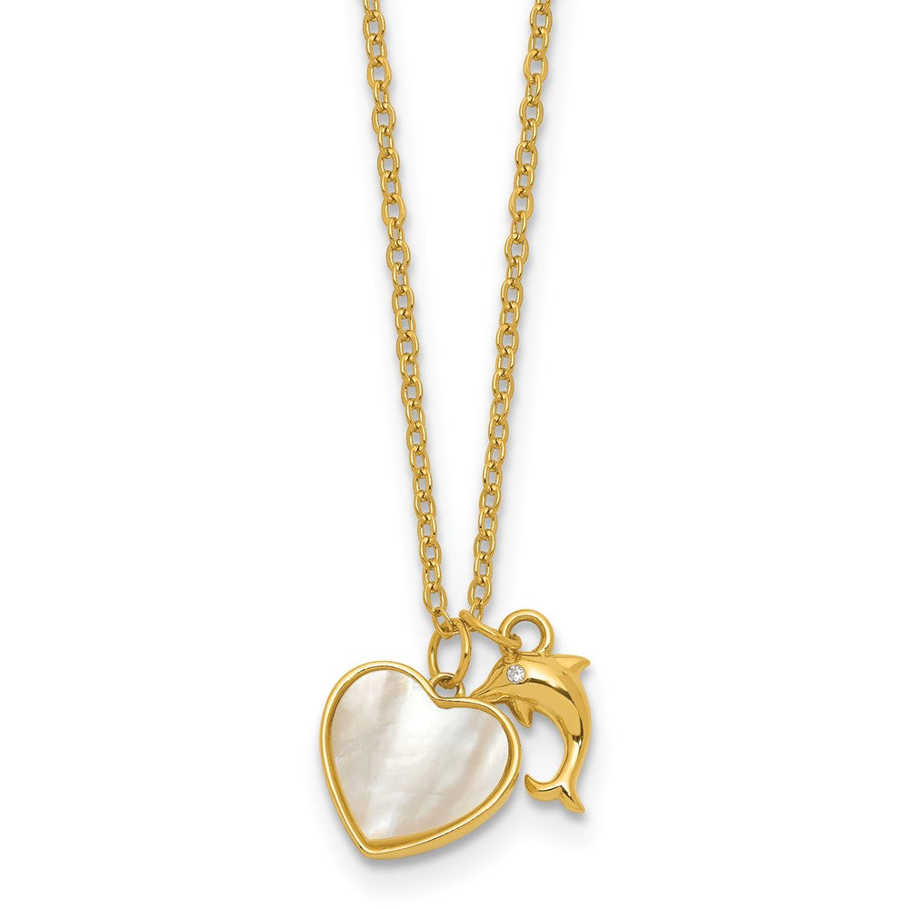 SS Gold-tone MOP and CZ Heart and Dolphin 16in w/2in Ext Necklace