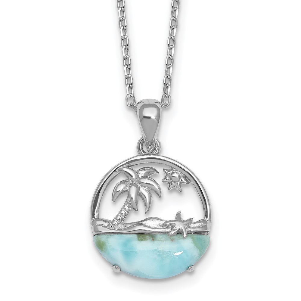 Sterling Silver RH-pltd Larimar Beach Scene 16in w/1.75in Ext Necklace