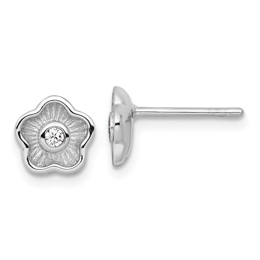 Sterling Silver RH-plated Polished Textured CZ Flower Post Earrings