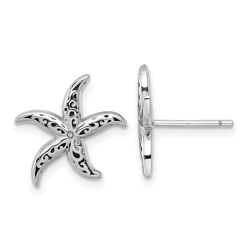 Sterling Silver RH-plated Polished/Oxidized Filigree Starfish Post Earrings