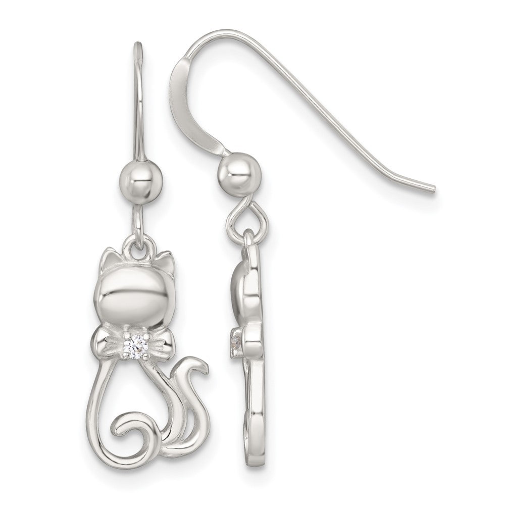 Sterling Silver Polished CZ Cat Silhouette With Bowtie Dangle Earrings