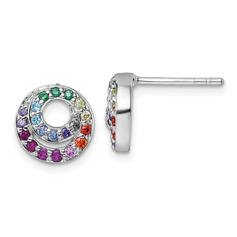 Sterling Silver Rh-plated Multi Color CZ Double Circle Post Earrings