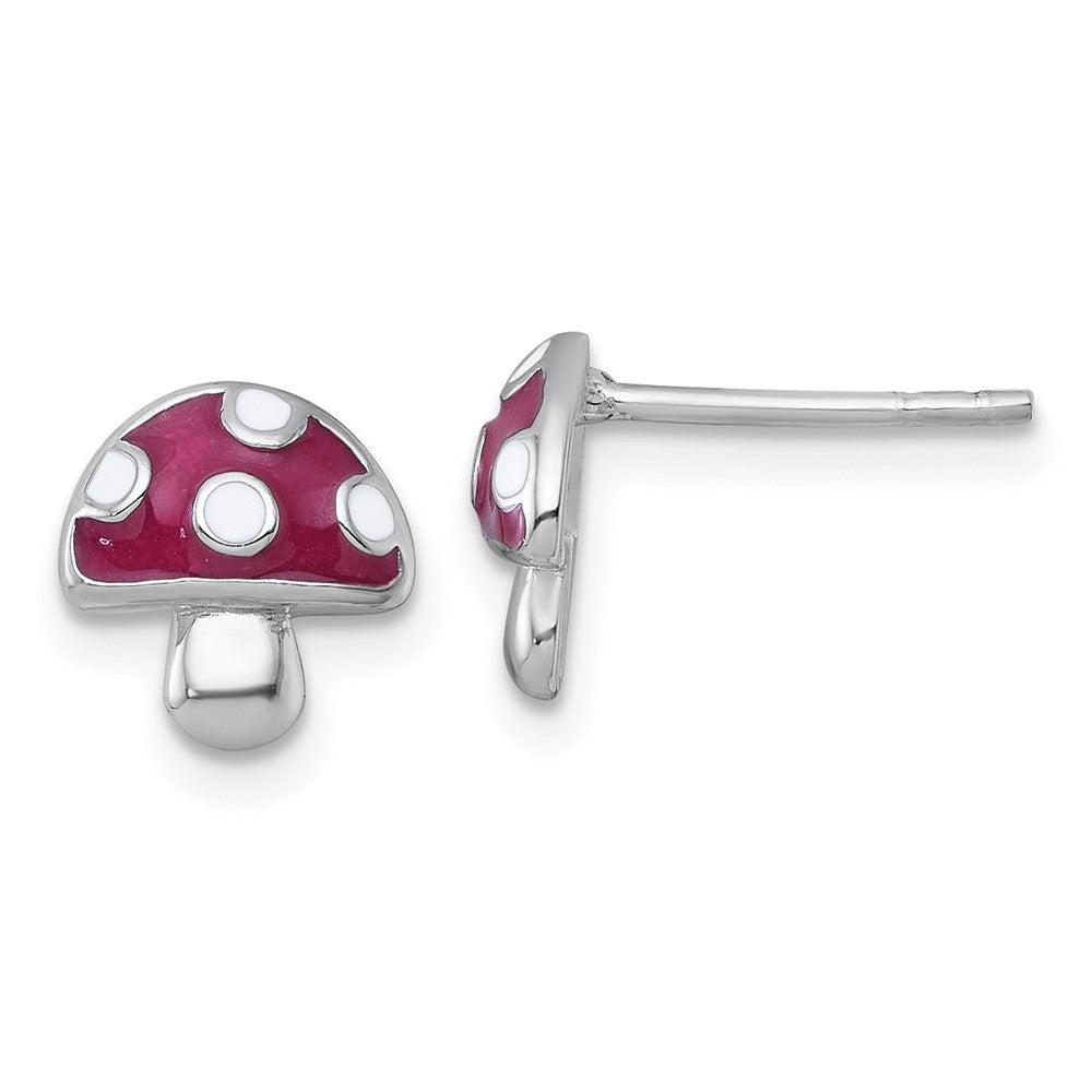 Sterling Silver RH-plated Polished Enameled Mushroom Post Earrings