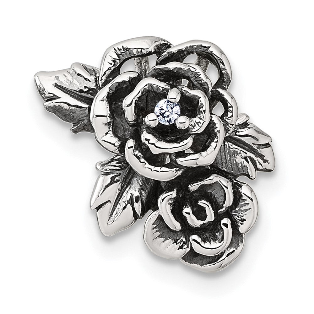 Sterling Silver Antiqued/Polished CZ Flower Chain Slide Pendant