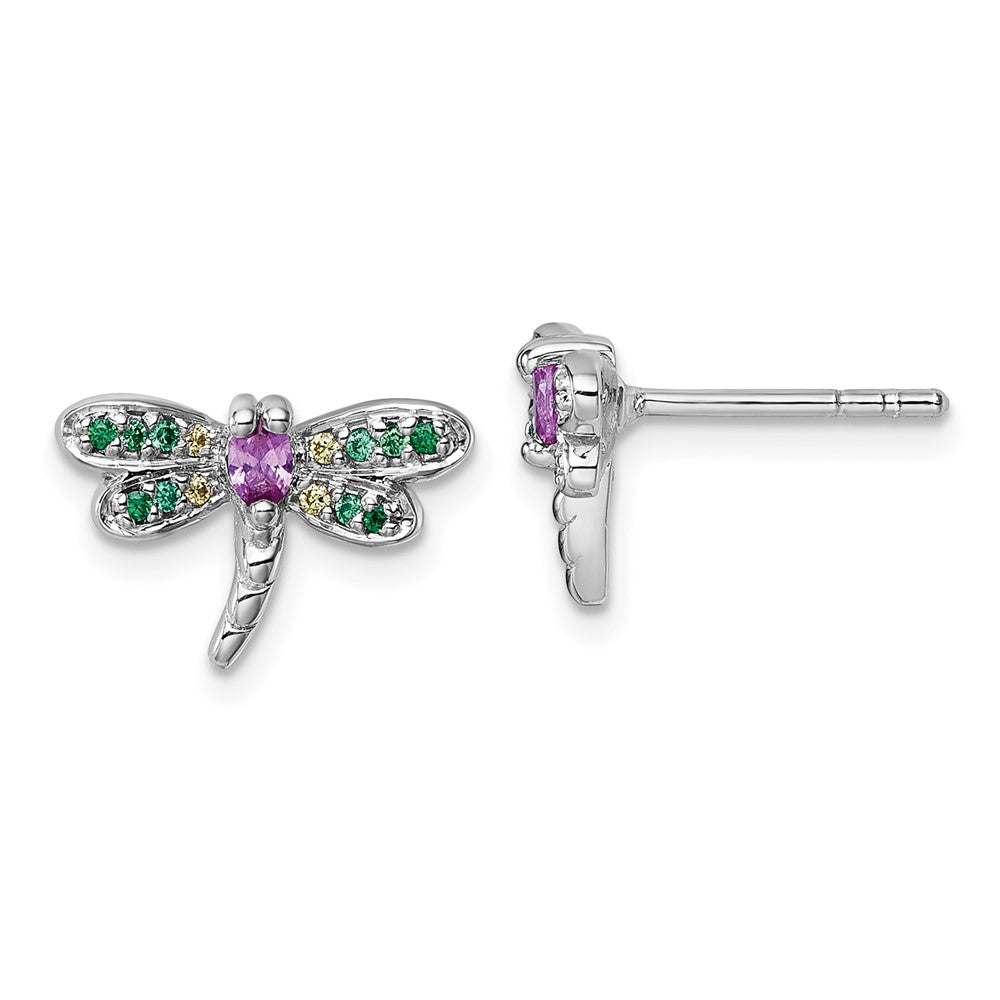 Sterling Silver Rh-plated Multi Color CZ Dragonfly Post Earrings