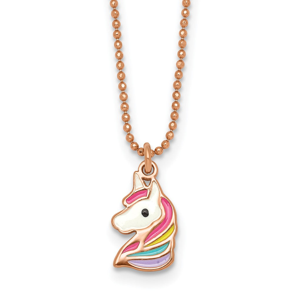 Sterling Silver Rose-tone Polished Enameled Unicorn Children's Necklace