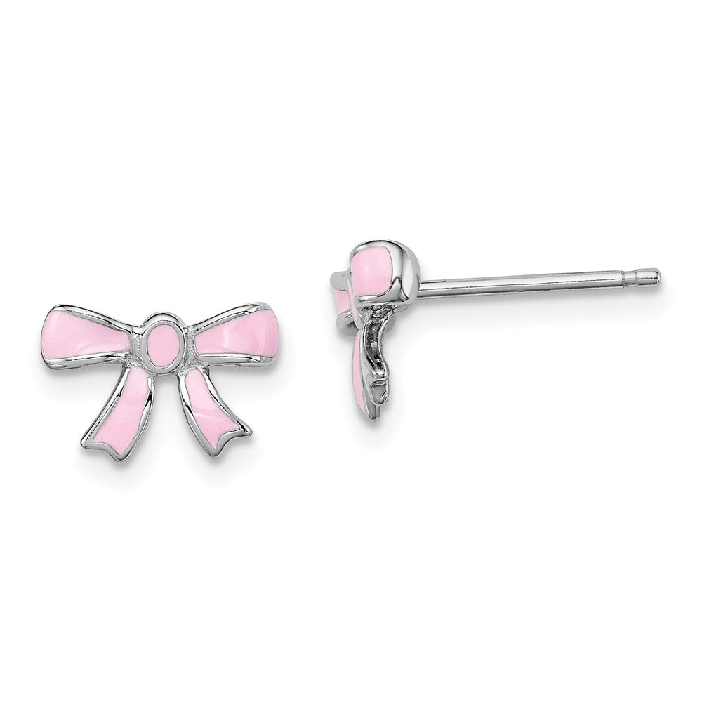 Sterling Silver Madi K RH-plated Pink Enamel Bow Children's Post Earrings
