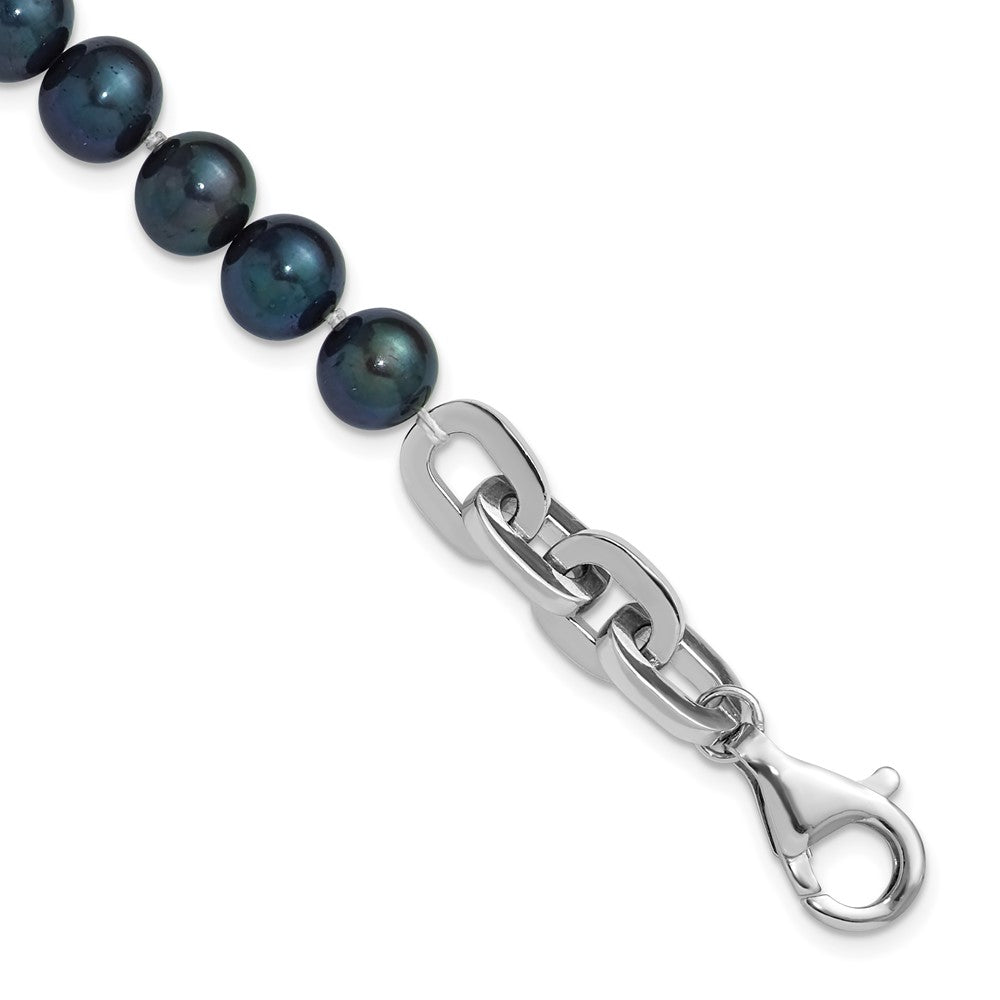Sterling Silver Rh-plated 7-8mm Rnd Blk FWC Pearl Link 8in Bracelet