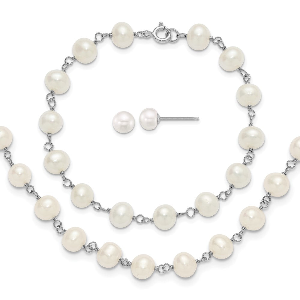 Sterling Silver Rh-plated White FWC Pearl Necklace/Bracelet/Earring Set