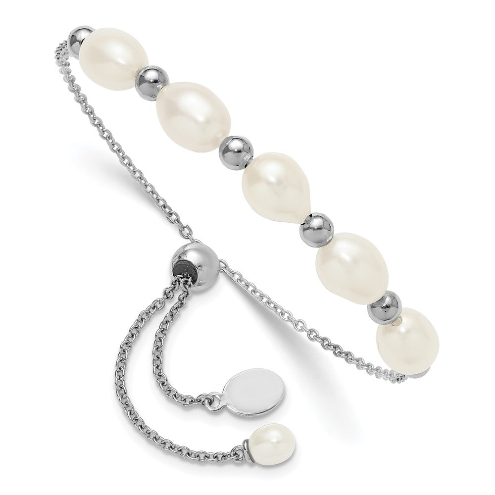 SS RH-plated Polished and Beaded 7x8mmFWC Pearl Adjustable Bolo Bracelet
