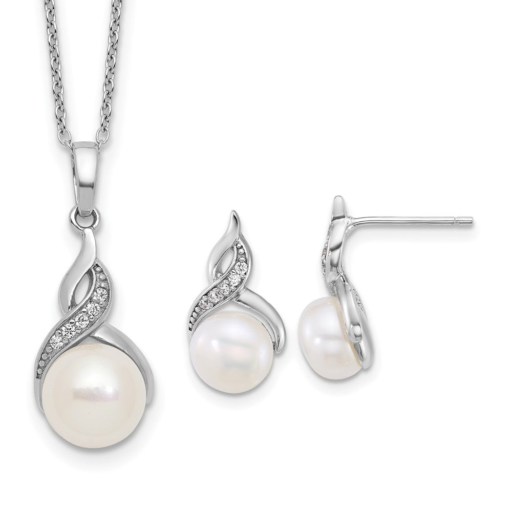 Sterling Silver Rh-plated FWC Pearl and CZ 17in Necklace/Earring Set