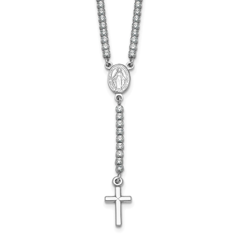Sterling Silver Rh-plated Polished CZ 15.5in with 2in ext. Rosary Necklace