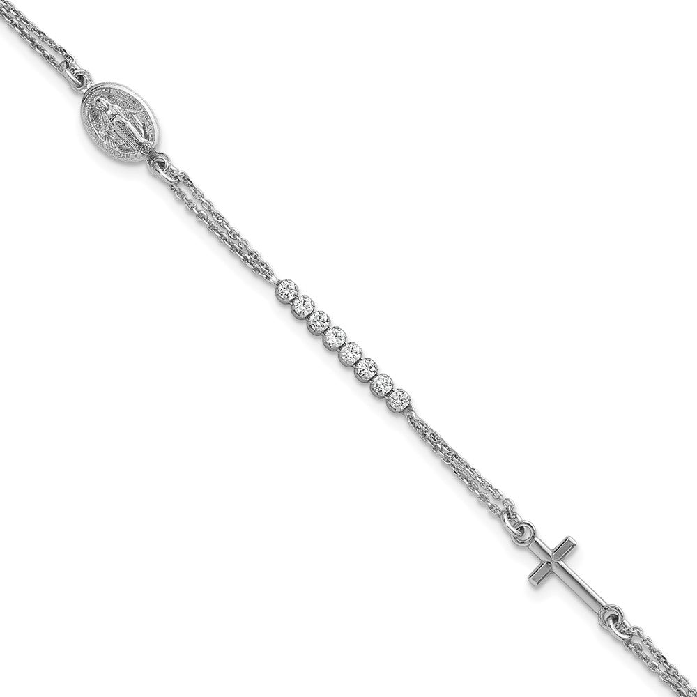 Sterling Silver RH-plated Polished CZ 6.75in w/1.25in ext. Rosary Bracelet