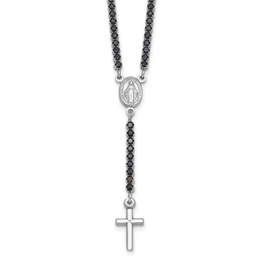 Sterling Silver Rh-plat Polished Blk CZ 15.5in with 2in ext. Rosary Necklac