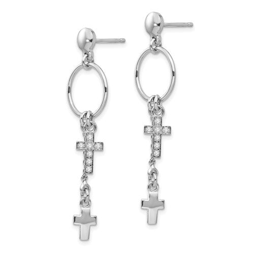 Leslie's Sterling Silver Rhodium-plated CZ Cross Dangle Earrings