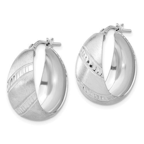 Leslie's Sterling Silver Rhodium-plated Satin and Diamond-cut Hoop Earrings