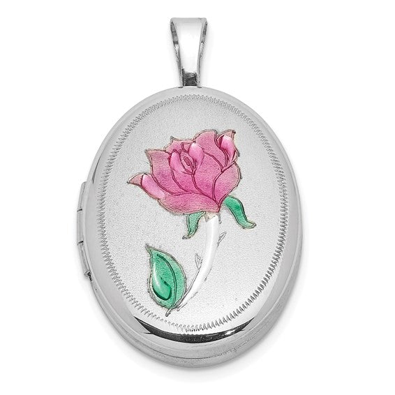 Sterling Silver Rhodium-plated Enameled Rose 19x15mm Oval Locket