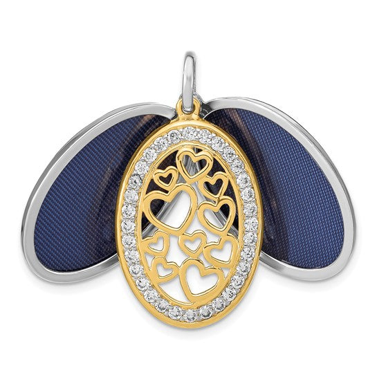 Sterling Silver Yellow and White Rhodium-plated Heart CZ 26mm Swing Locket