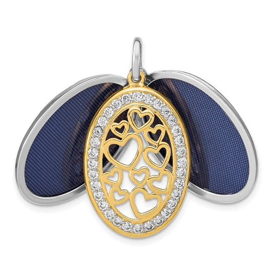 Sterling Silver Yellow and White Rhodium-plated Heart CZ 26mm Swing Locket