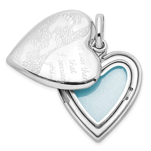 Sterling Silver Rhodium-plated 20mm Footprints Heart Swing Locket