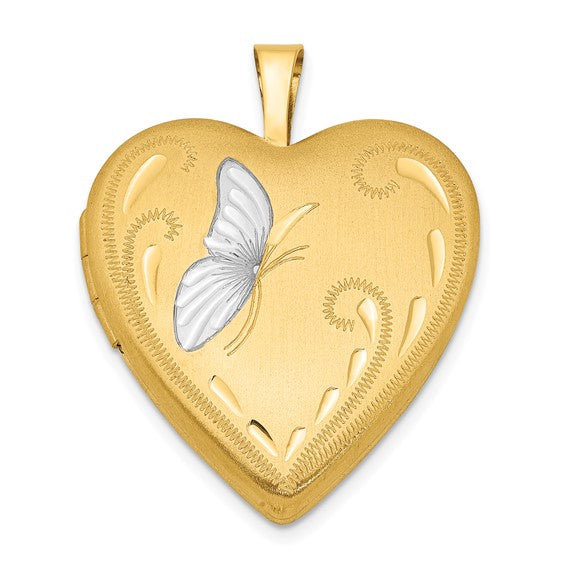 1/20 Gold Filled and White Rhodium Satin Butterfly 19mm Heart Locket