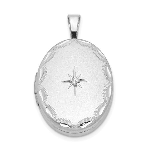 Sterling Silver Rhodium-plated and Diamond Side Scallops 19mm Oval Locket