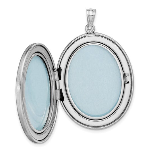 Sterling Silver Rhod-plated Polished/ Satin Leaves Border 34mm Oval Locket
