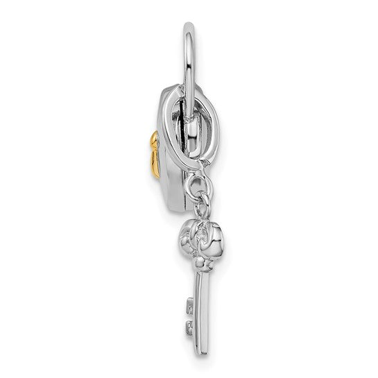Sterling Silver Rhod and Gold-plated 10mm Heart Lock and Key Hinge Locket Charm