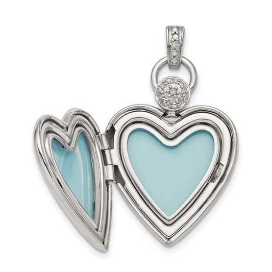 Sterling Silver Rhodium-plated 21mm Heart Dia. Accent D/C Satin Locket